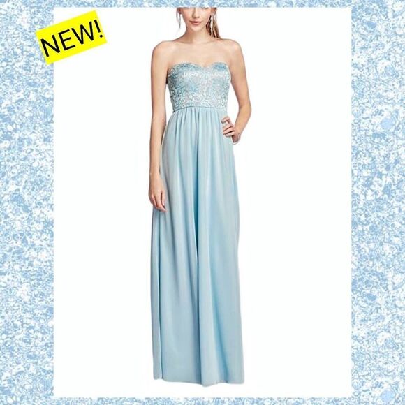 Formal Strapless Lace Sparkle Sequin Baby Blue Long Chiffon Gown Maxi Dress NEW! - Picture 1 of 13